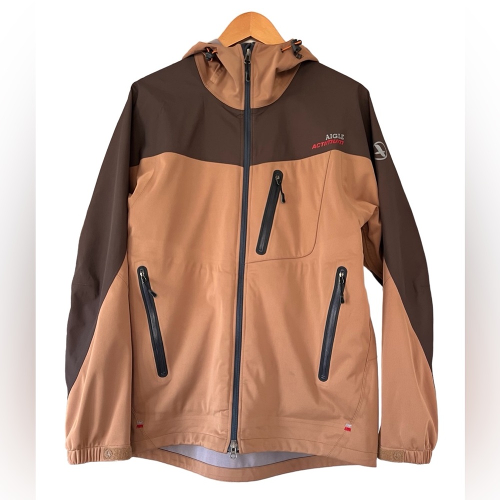 Aigle Actimum Jacket Mens Medium Brown Full Zip Hooded Zippered Pockets Unlined